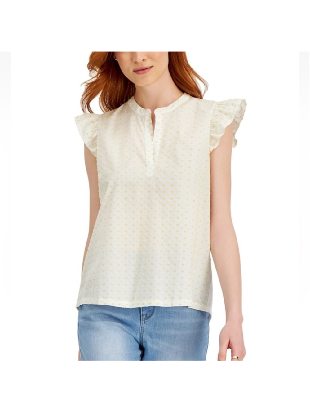 STYLE & CO Women's Yellow Ruffled Polka Dot Flutter Sleeve Split Top Size S